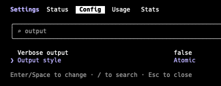 The /config screen with Output style highlighted